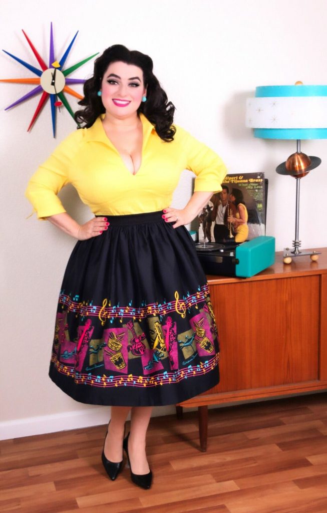Yasmina Greco Pinup Girl Clothing Bella Skirt in Music Boarder Print with Art by Stephanie Buscema Lauren Top