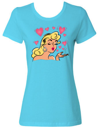 Pinup Girl, Rockabilly,crazy4me style,blonde bombshell,blonde bombshell t-shirt,pinup tee,pinup girl t-shirt, blonde t-shirt,Blonde Bombshell Hearts and Kisses Pinup Girl Aqua Blue T-Shirt
