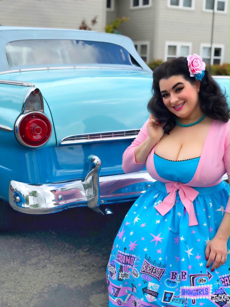 Pinup Couture Ginger Dress in Vegas Boarder Print Yasmina Greco Car Show