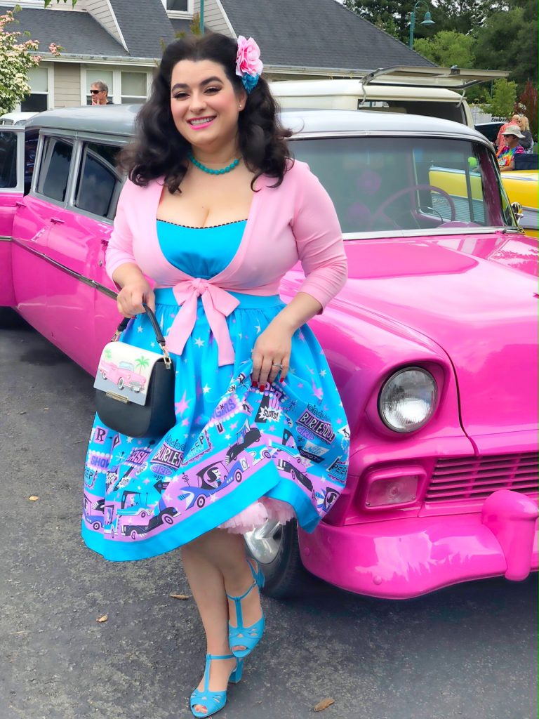 Pinup Couture Ginger Dress in Vegas Boarder Print Yasmina Greco Car Show Pinup Girl