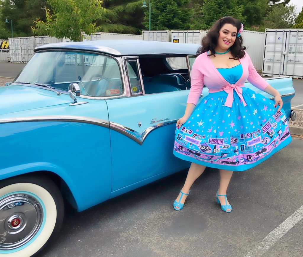 Pinup Couture Ginger Dress in Vegas Boarder Print Yasmina Greco Car Show