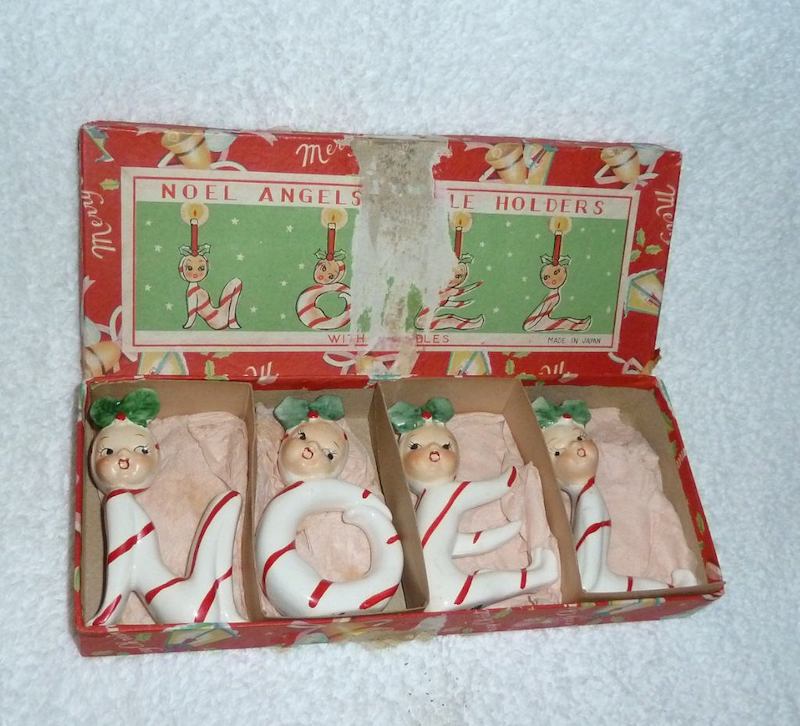 Vintage Candy Cane Pixie NOEL Angel Candle Holders by Commodore
