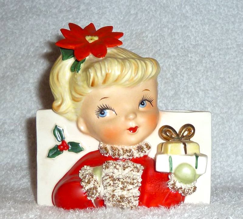 Vintage Christmas Napco Girl Planter with Present