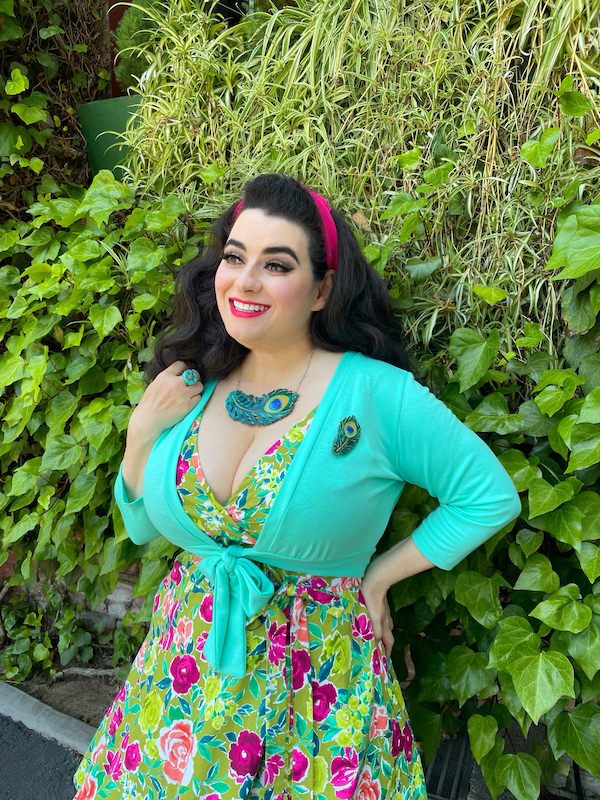 Curvy Fashion Floral Dress and Necklace on Yasmina Greco at Korbel Winery California