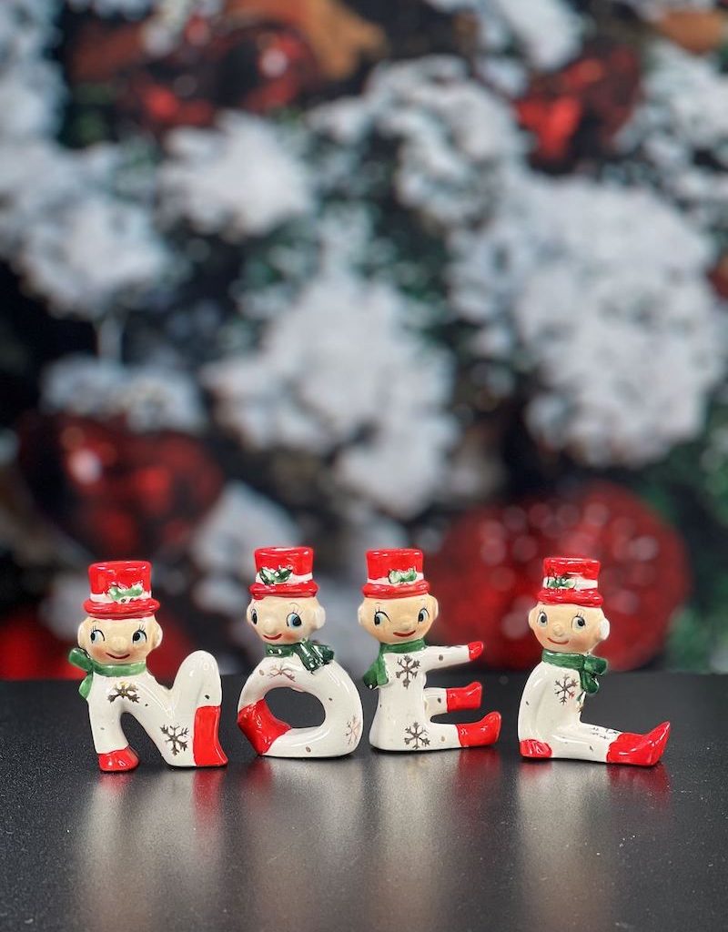 Vintage M.G. Japan NOEL Pixie Snowman Christmas Candle Holders