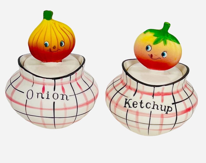 Vintage Napco Onion and Ketchup Pixieware Condiment Jars