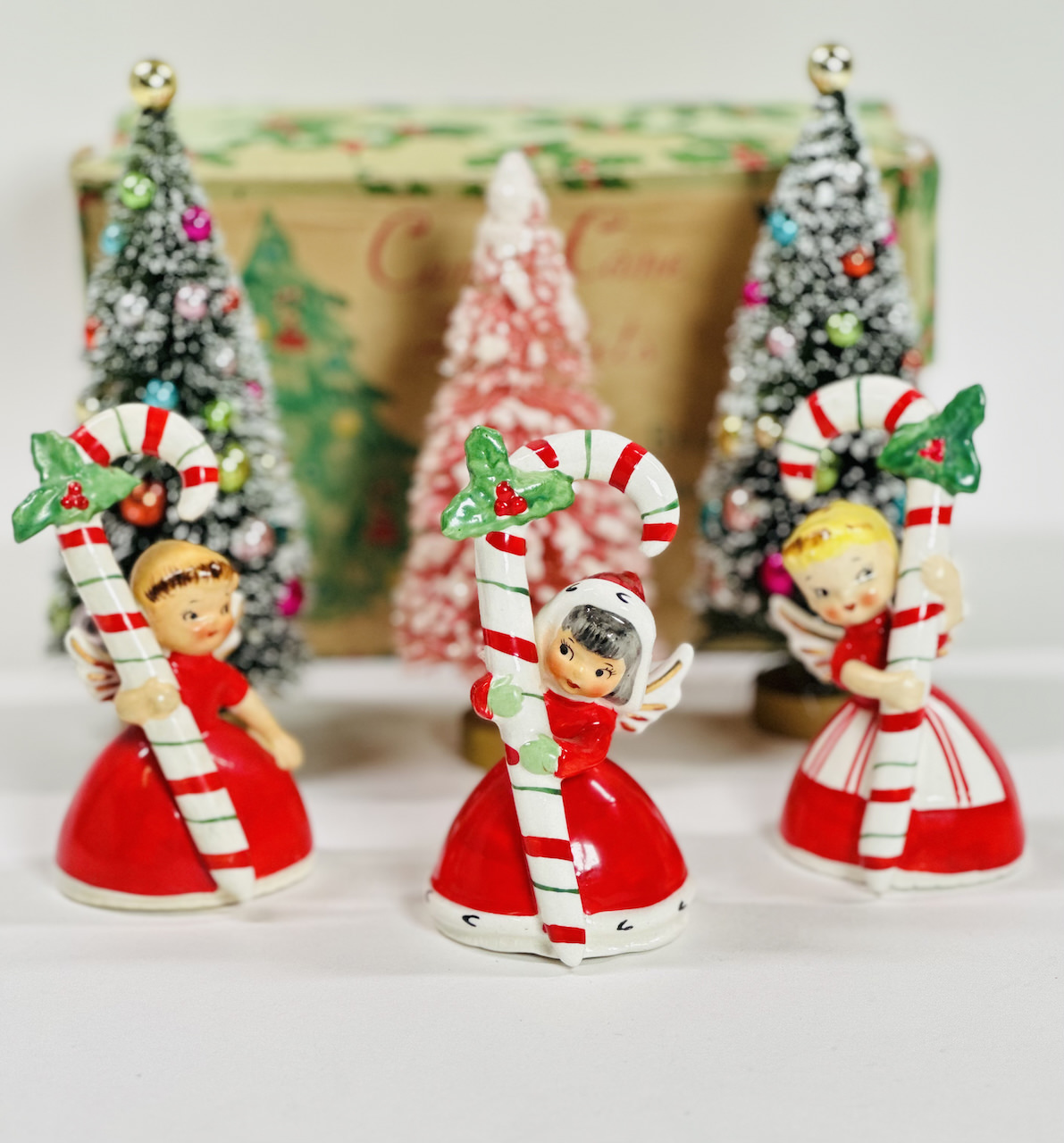 Vintage Napco 1956 Candy Cane Christmas Angels Bells Trio 3 with Box Midcentury Japan