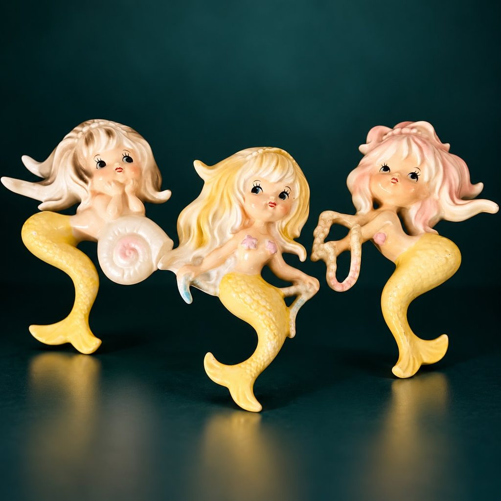 Set of 3 Rare Lefton Mermaid Wall Plaques with Yellow Tailfins
