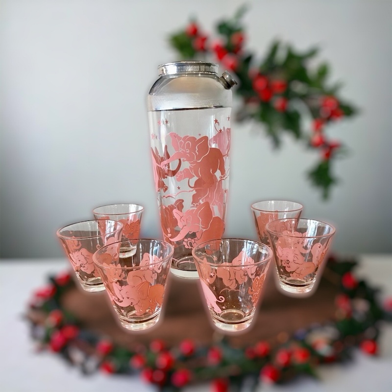 Hazel Atlas Pink Elephant Barware Set