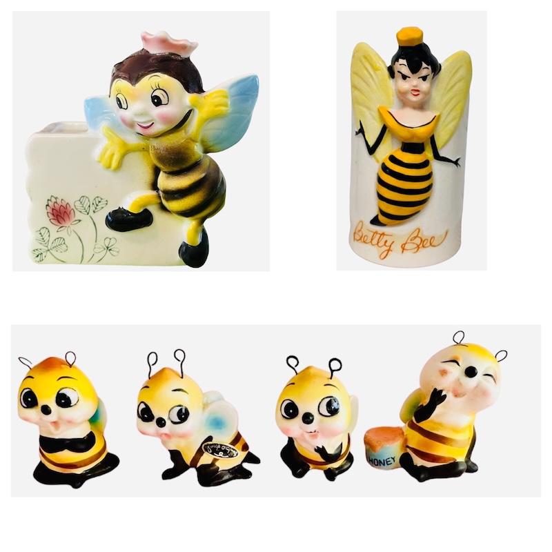 Vintage Anthropomorphic PY Norcrest Bee Planters and Josef Originals Bumble Bees 1950s