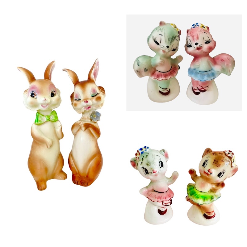 Vintage PY Anthropomorphic Ballerina Squirrels and Bears and Bunnies Salt & Pepper Shakers and Wall Plaques 1950s Japan