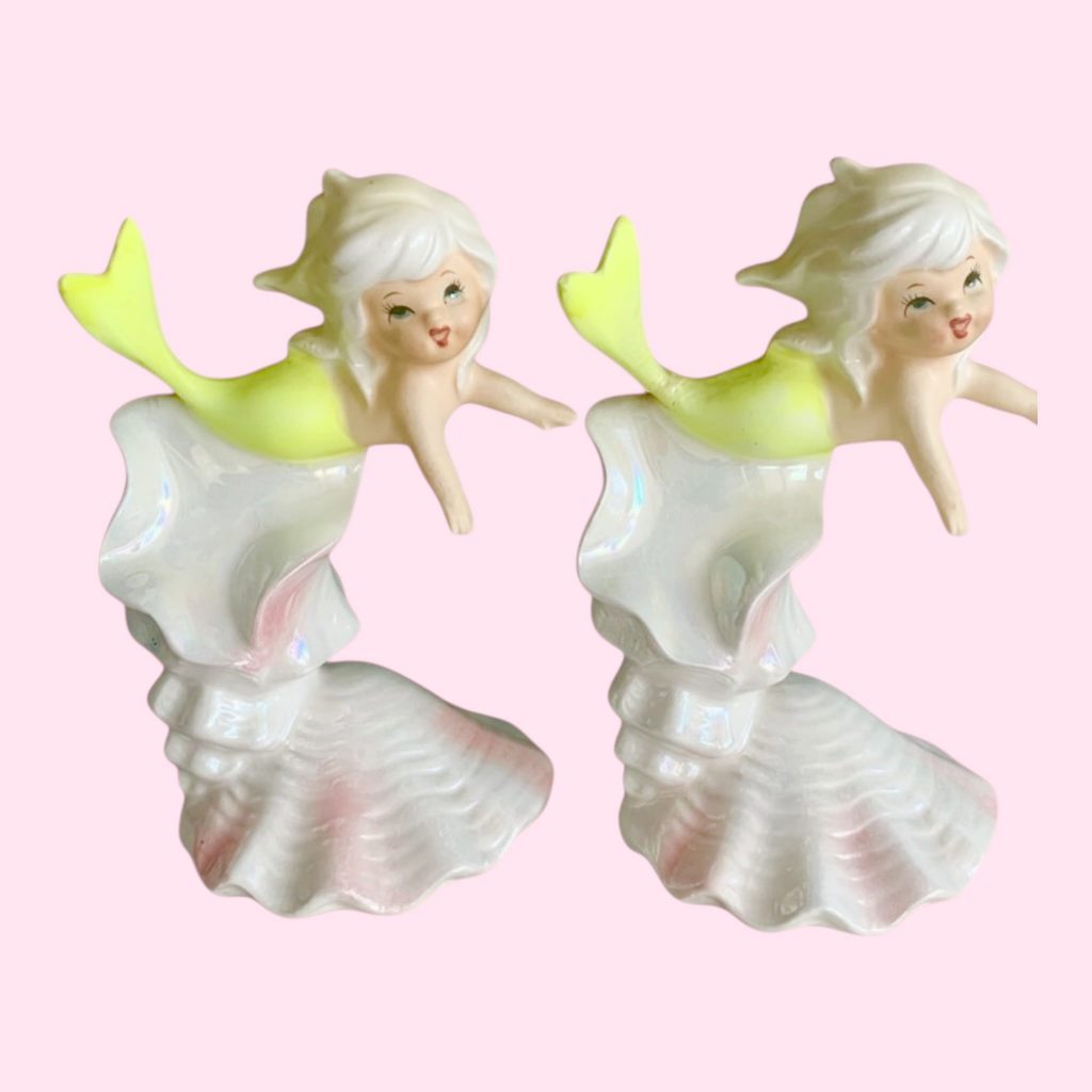 Vintage Norcrest Mermaid Wall Plaques with Yellow Tails  on Seashells 