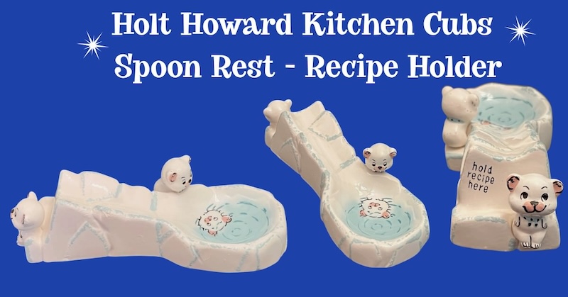 vintage Holt-Howard Kitchen Cubs ceramic polar bear cub with a blue polka dot scarf sitting on an iceberg base, looking into a spoon rest pool.