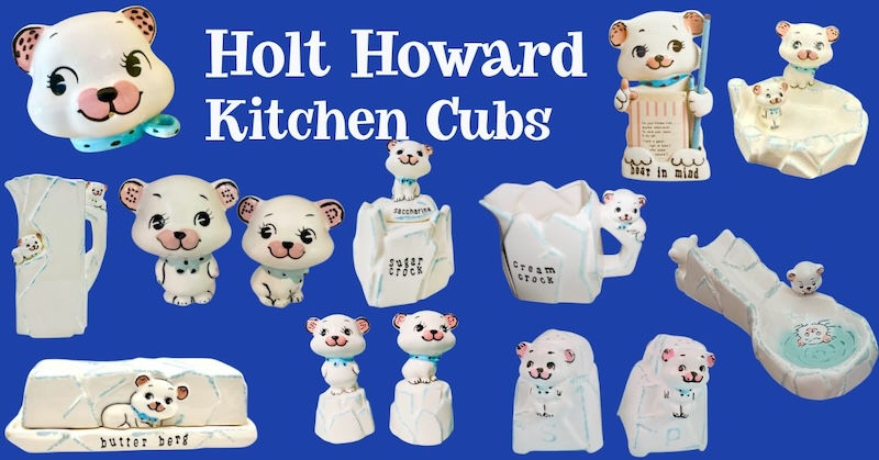 A wide banner featuring various vintage Holt-Howard Kitchen Cubs polar bear ceramics, including the "Butter Berg" and "Sugar Crock" on a deep blue background.