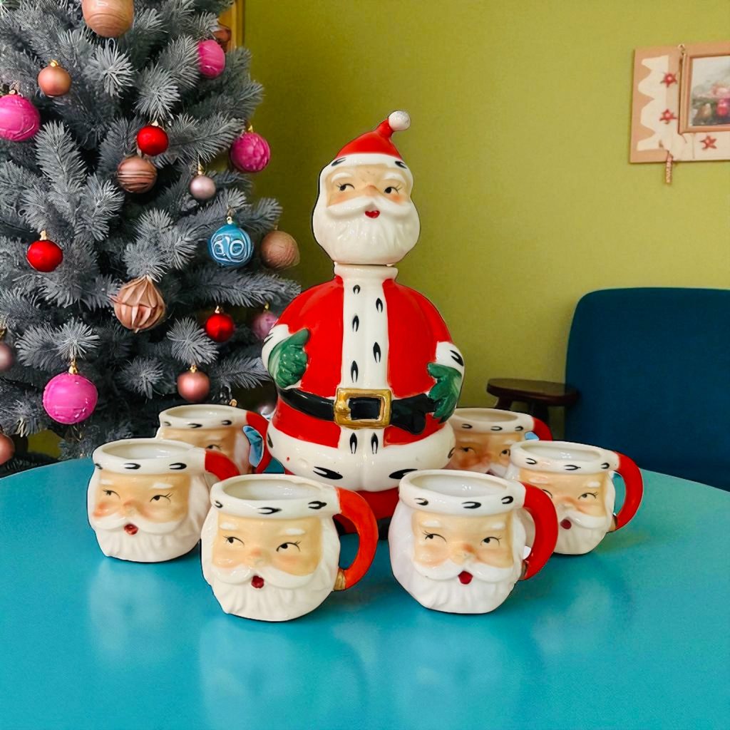 Vintage Lefton Christmas Santa Decanter Mug Set