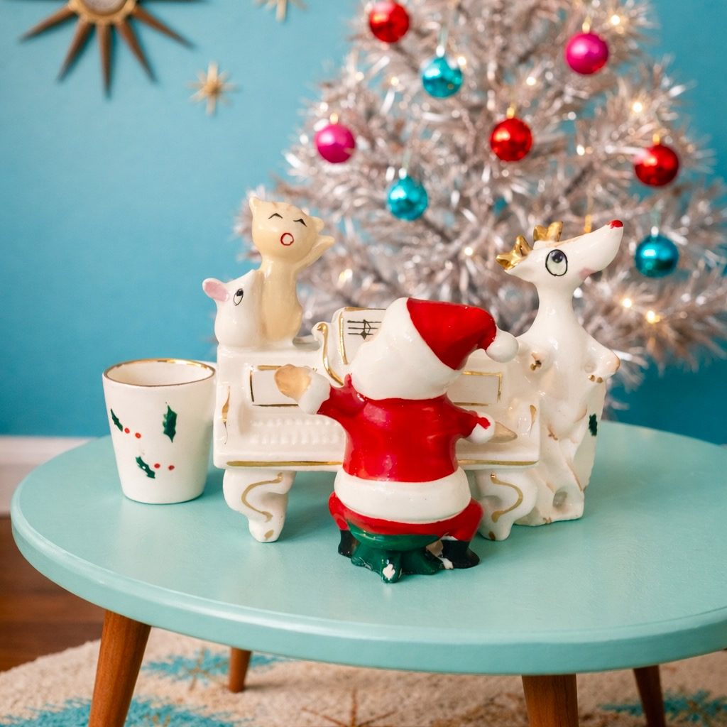 Rare Holt-Howard Santa at Upright Piano with Kitten and Deer, Flower Frog and Candle Holder, 1958