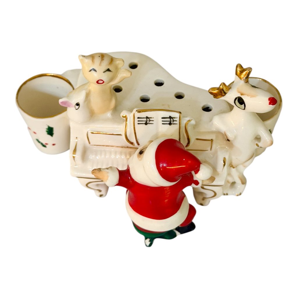 Rare Holt-Howard Santa at Upright Piano with Kitten and Deer, Flower Frog and Candle Holder, 1958