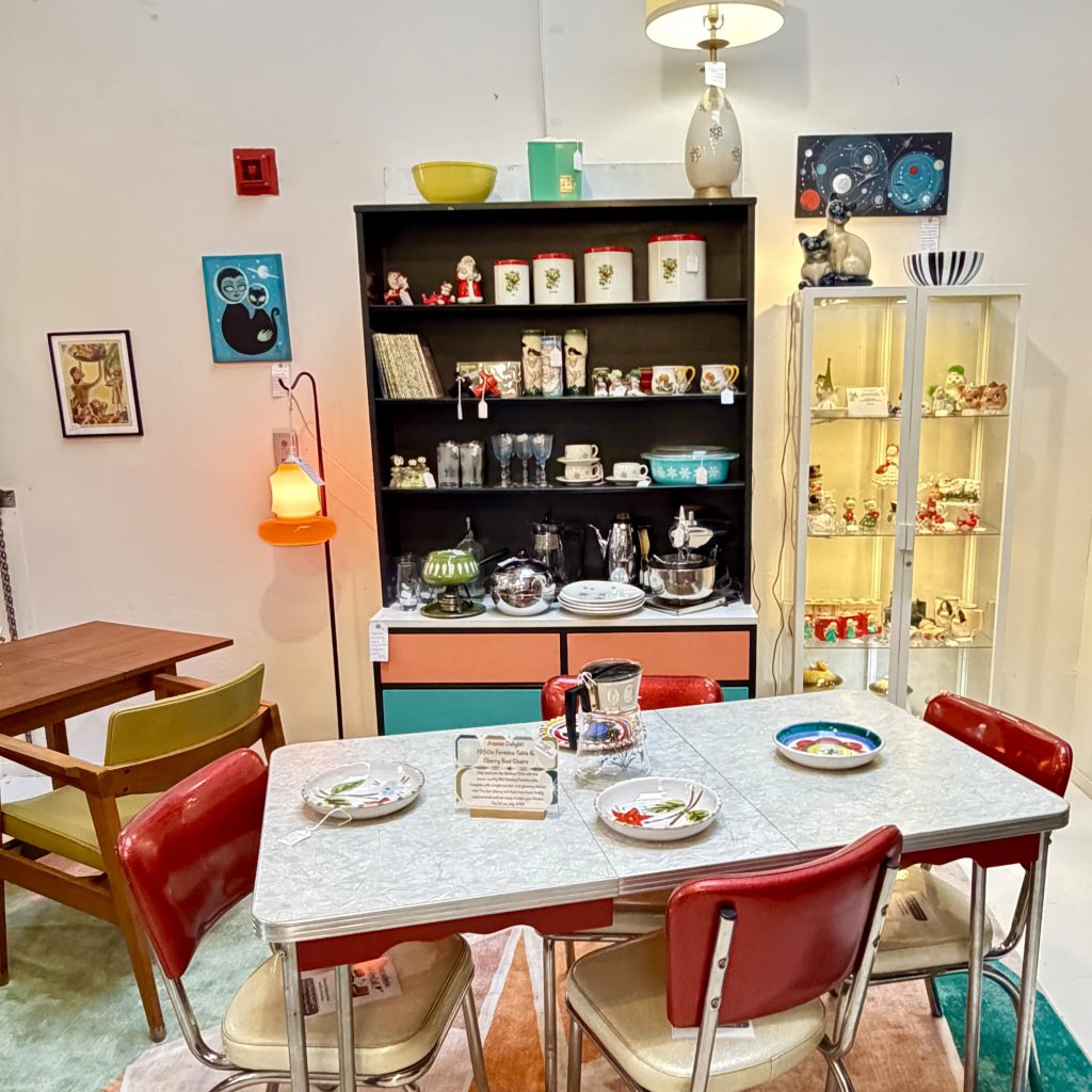 1950s Formica Table with Chrome, Cherry Red Skirting and Chairs