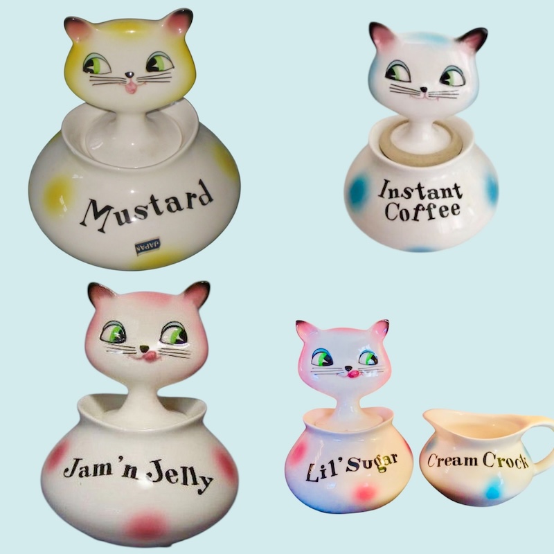 Holt-Howard Cozy Kitten Pixieware condiment jars with spoons 1958 Japan