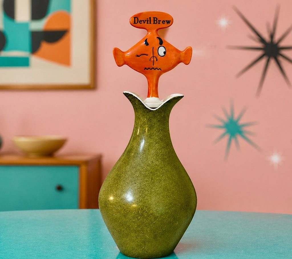 Vintage 1958 Holt Howard Devil Brew Gremlin decanter on turquoise mid-century table with pink atomic starburst background