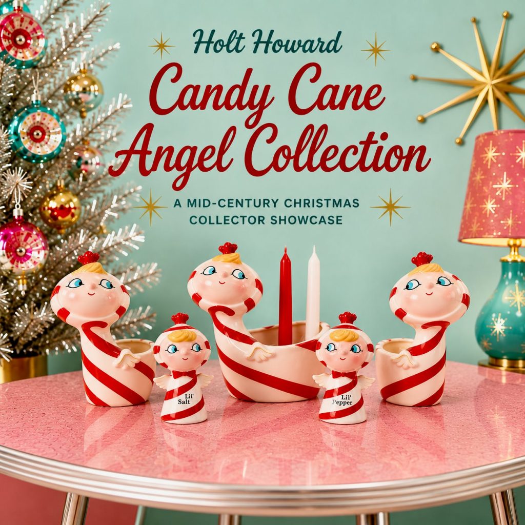 Vintage Holt Howard Candy Cane Angel collection featuring rare candy cane angel candleholders and Lil' Salt and Pepper shakers displayed in a retro mid-century Christmas setting with aluminum tinsel trees and vintage indent ornaments.