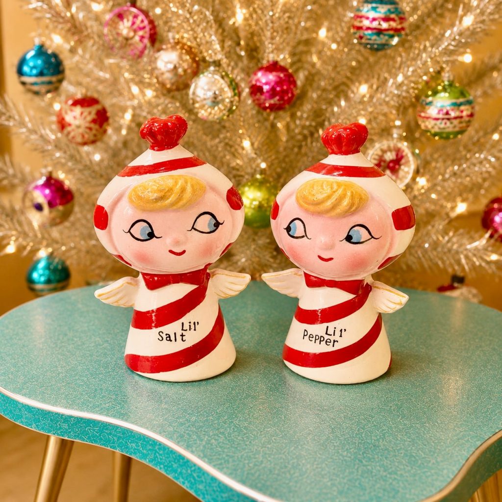 Vintage Holt Howard Candy Cane Angels Lil Salt and Lil Pepper Shakers