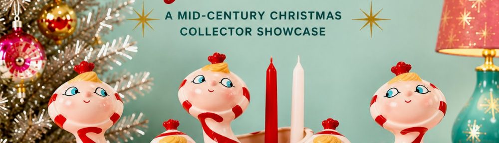 Vintage Holt Howard Candy Cane Angel collection featuring rare candy cane angel candleholders and Lil' Salt and Pepper shakers displayed in a retro mid-century Christmas setting with aluminum tinsel trees and vintage indent ornaments.